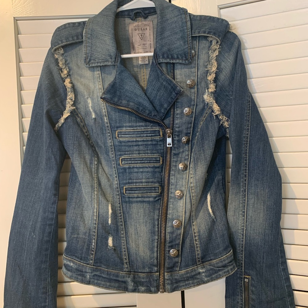 Guess jean denim moto military distressed jacket